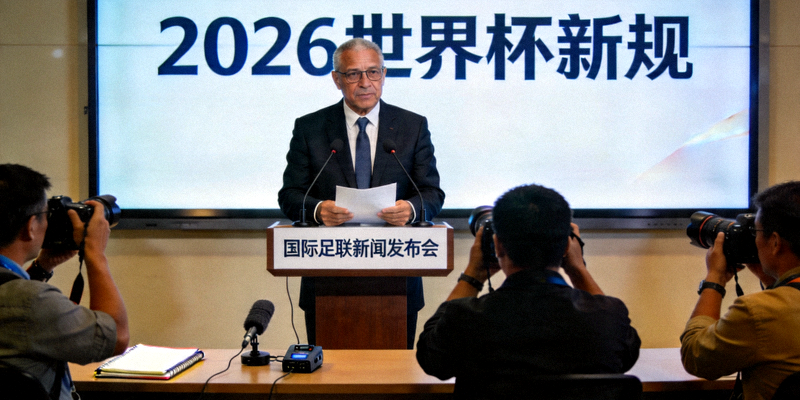 国际足联官员在新闻发布会上宣布世界杯新规